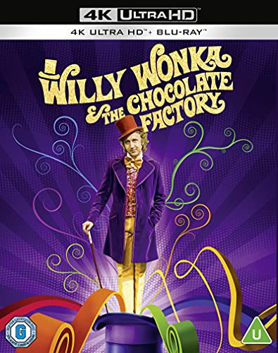 Willy Wonka & The Chocolate Factory" Blu-ray cover featuring Wonka in purple.