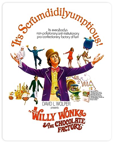 Willy Wonka movie poster featuring Gene Wilder surrounded by characters on a white background.