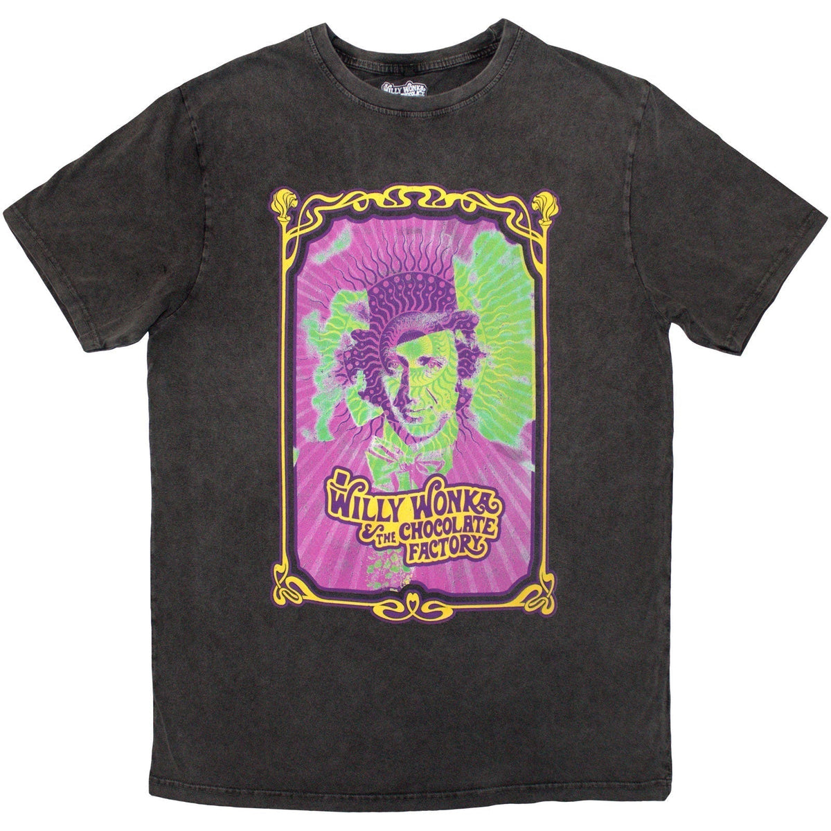 Charcoal grey t-shirt with a psychedelic Willy Wonka movie poster design.