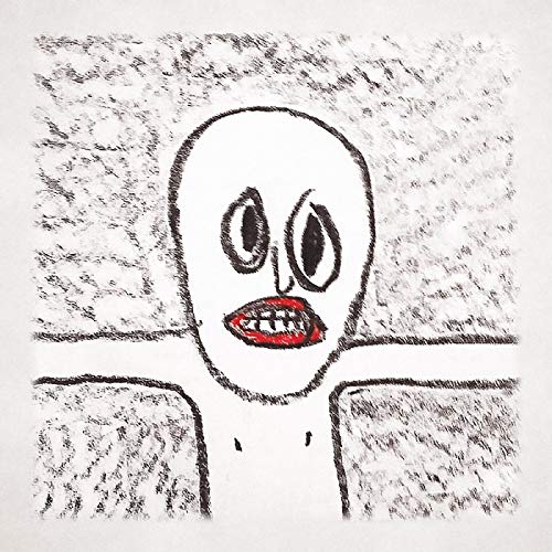 Hand-drawn face with large eyes and red lips on a textured background.