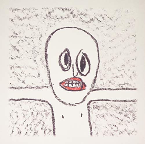 Sketch of a face with large eyes and red lips on a white background.