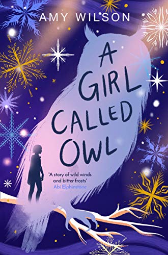 Book cover: white owl with a silhouetted girl below, starry background.