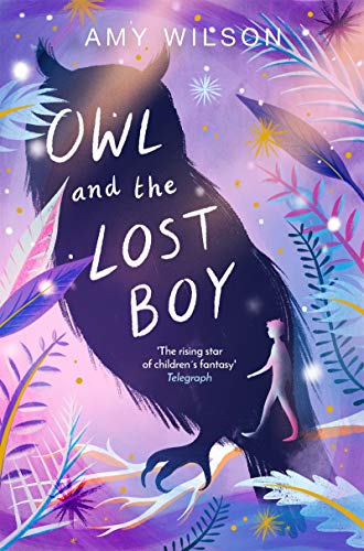 Book cover: a dark owl silhouette with a small boy below, purple tones.