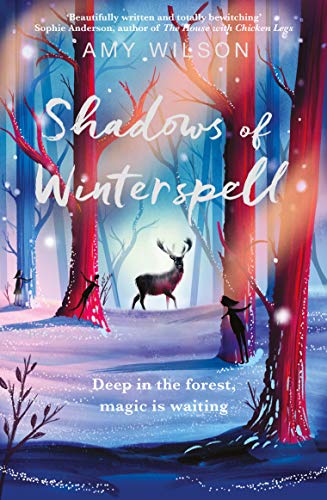 Book cover showing a stag in a snowy forest with red trees and silhouettes.