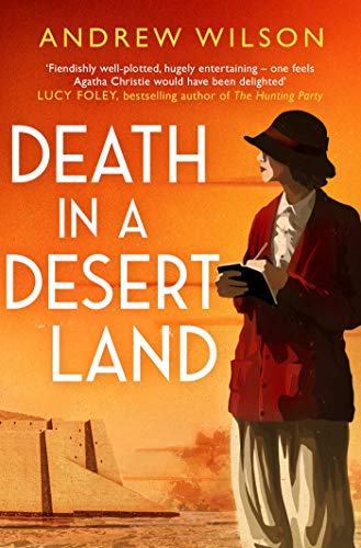 Book cover: woman in desert with pyramids, titled “Death in a Desert Land.”