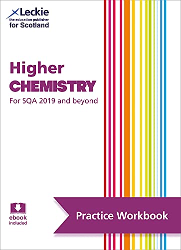 White textbook cover with colorful stripes, titled “Higher Chemistry Practice Workbook”.