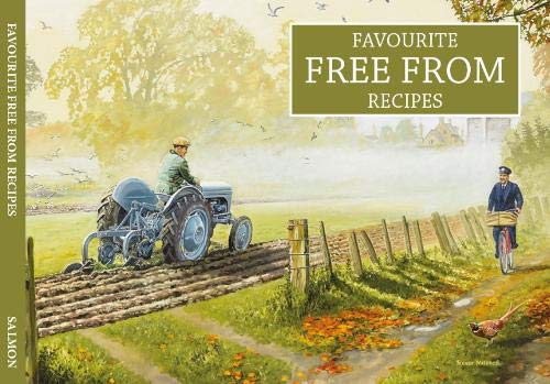 Cookbook cover with rural scene: tractor, cyclist, and text “Favourite Free From Recipes”.