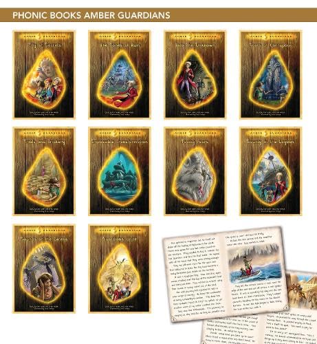 Ten Amber Guardians book covers with glowing amber-shaped illustrations and an open book page.