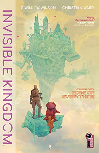 Comic book cover: two figures gaze at a fantastical, floating landscape.