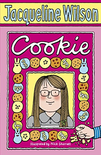 Book cover for "Cookie" featuring a girl and scattered colorful illustrations.