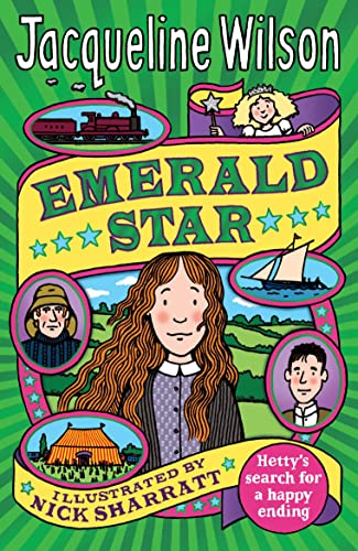 Book cover for "Emerald Star" featuring Hetty Feather and travel scenes.