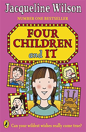 "Book cover featuring a cartoon girl surrounded by four framed child portraits on yellow background."