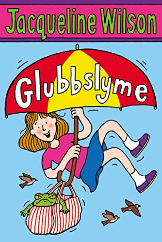 A girl floats under a red and yellow umbrella carrying a frog in a bag.