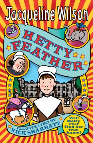 Book cover: "Hetty Feather" with illustrations of circus scenes and a young girl.