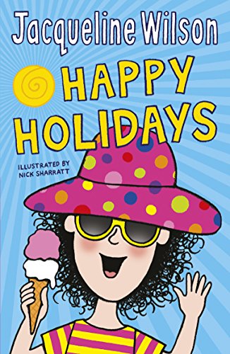 "Book cover of 'Jacqueline Wilson's Happy Holidays' featuring a girl on a beach with beach huts."