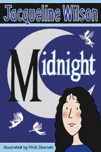 Book cover for “Midnight” featuring a large moon, girl, and fairies.