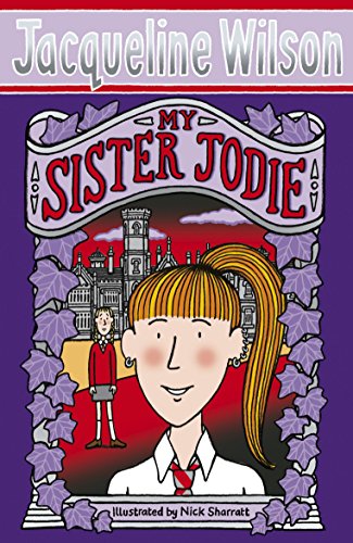 "Cartoon girl in school uniform with title 'My Sister Jodie' on purple background."