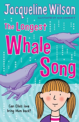 "The Longest Whale Song" book cover featuring a girl and purple whales on turquoise background.