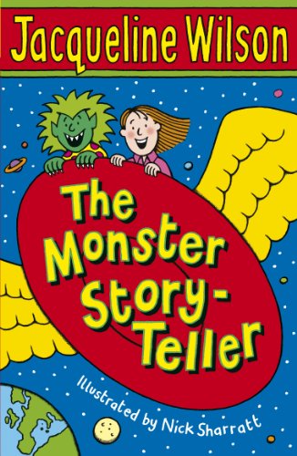 Book cover: girl and green monster with bright red title text.