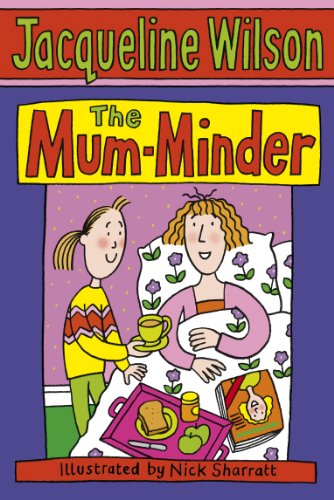 Book cover: "The Mum-Minder" with illustration of two girls and breakfast tray.