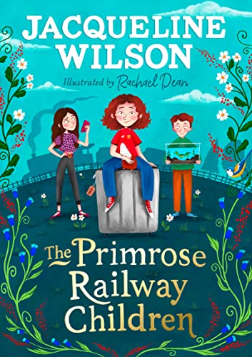 Book cover: three children with a train and floral decorations.