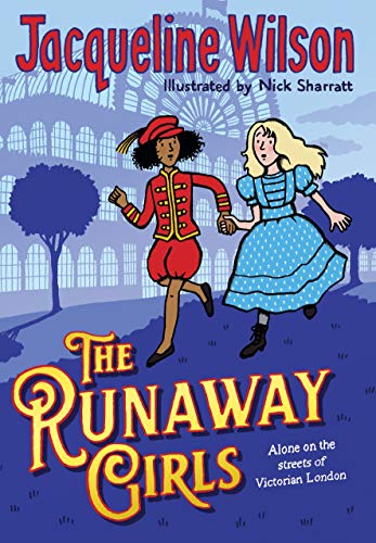 Two girls running hand-in-hand in front of Victorian London architecture.