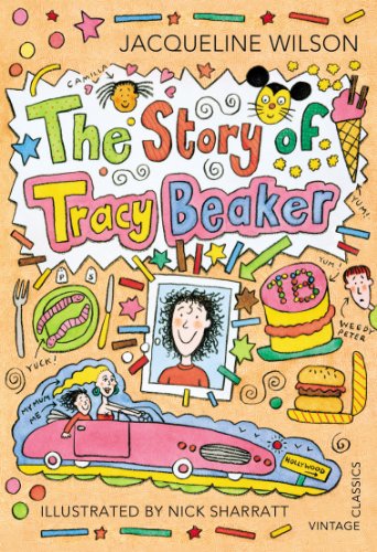 Book cover for "The Story of Tracy Beaker" with colorful doodles.