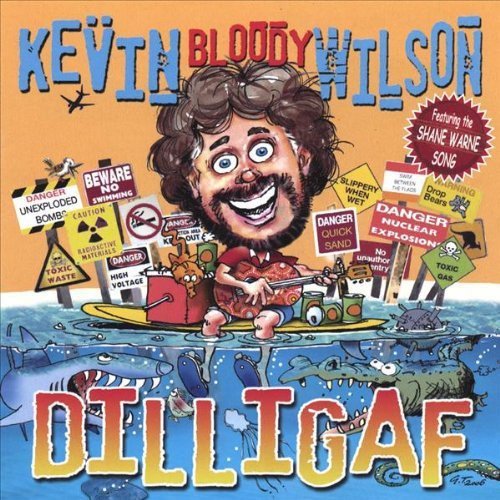 "Album cover art featuring a cartoon man on a surfboard surrounded by warning signs."
