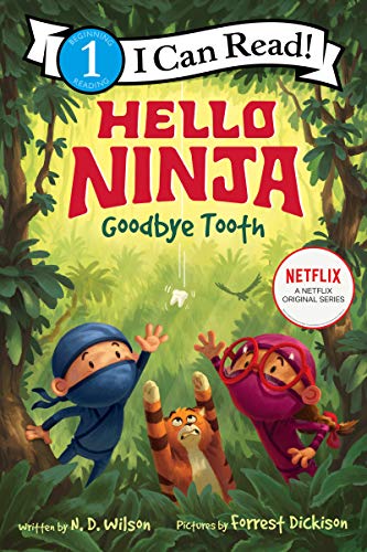 Book cover showing two ninjas and a cat looking up at a falling tooth.