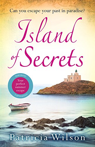 Book cover: "Island of Secrets" with a coastal scene and small boat.