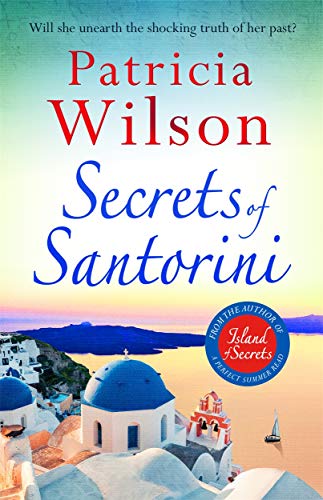 Book cover: "Secrets of Santorini" with whitewashed buildings and blue domes.