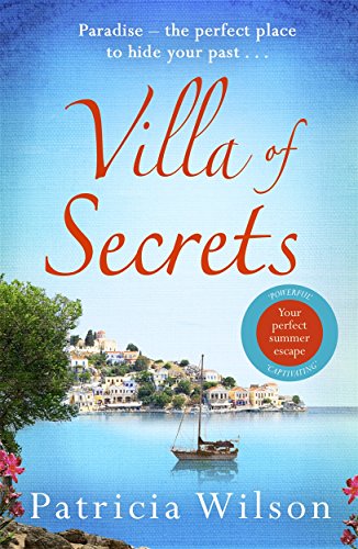 Book cover: "Villa of Secrets" with a coastal Greek town scene.