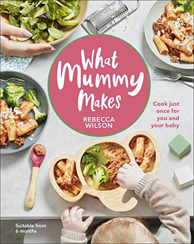 Cookbook cover with baby food, pasta, broccoli, and a child’s hand.