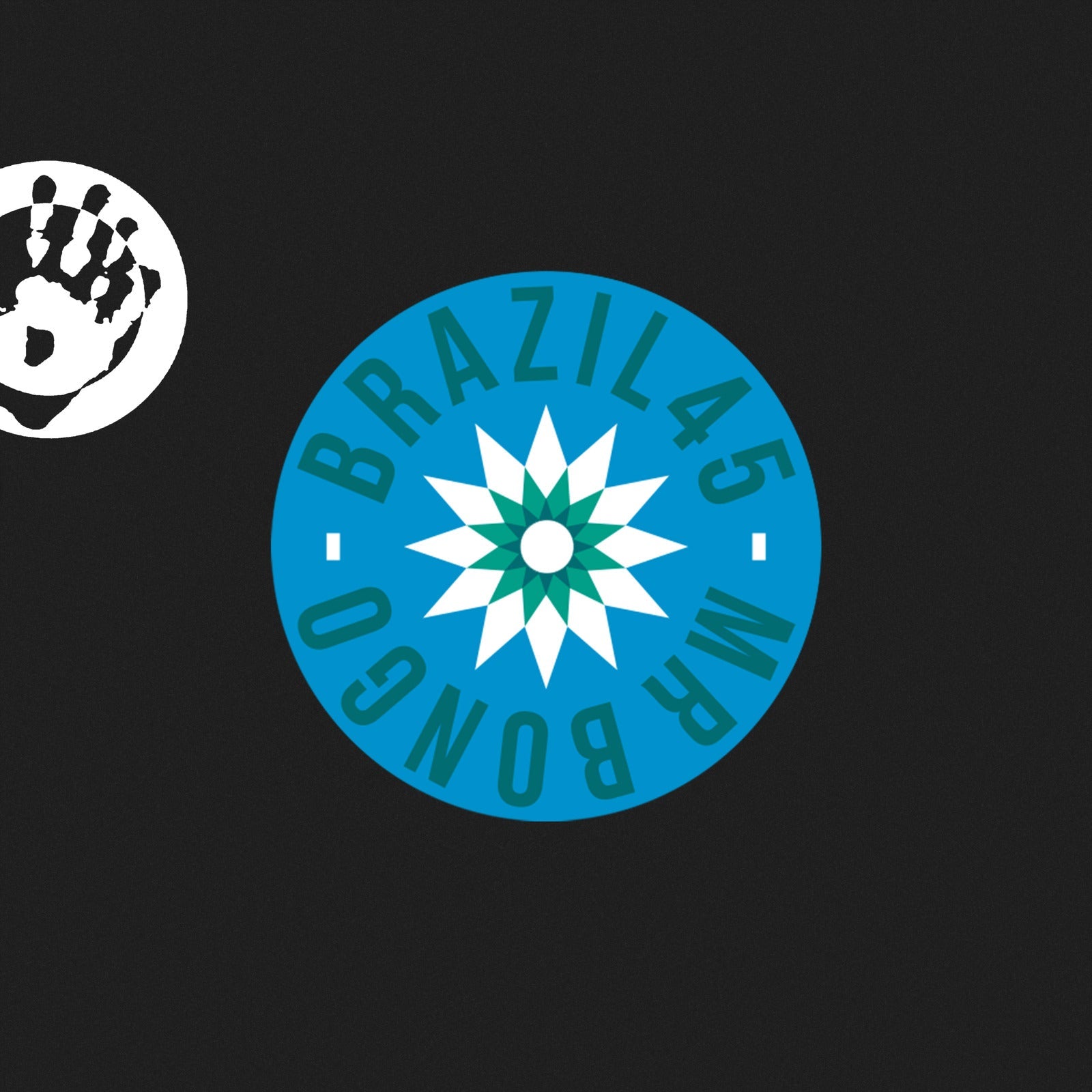 Black background with a teal and white Brazil 45 record label and handprint.
