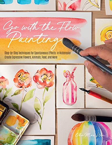 Watercolor painting book with floral and animal illustrations, brush, and palette.