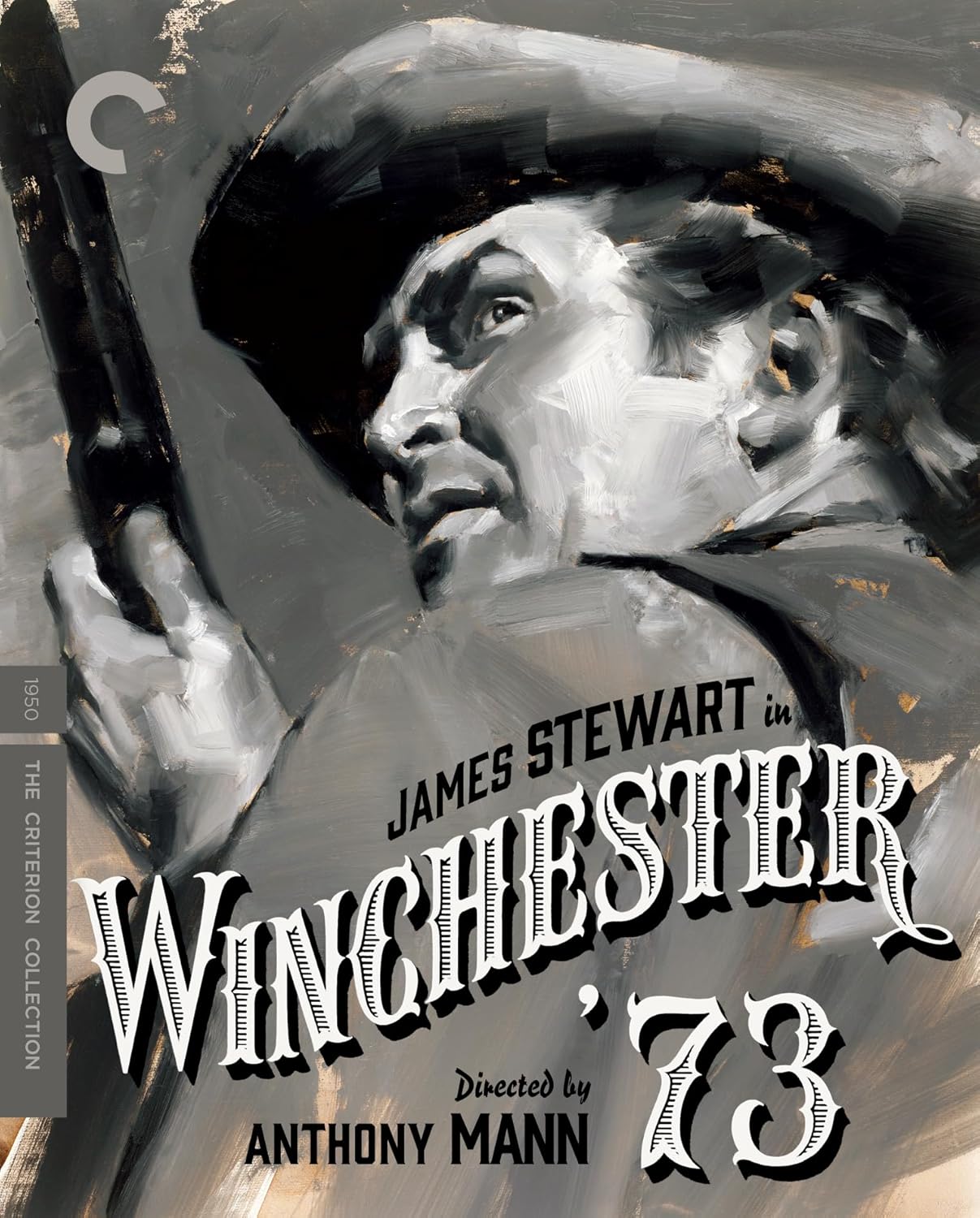 Blu-ray cover for “Winchester ‘73” featuring James Stewart in a painted portrait.