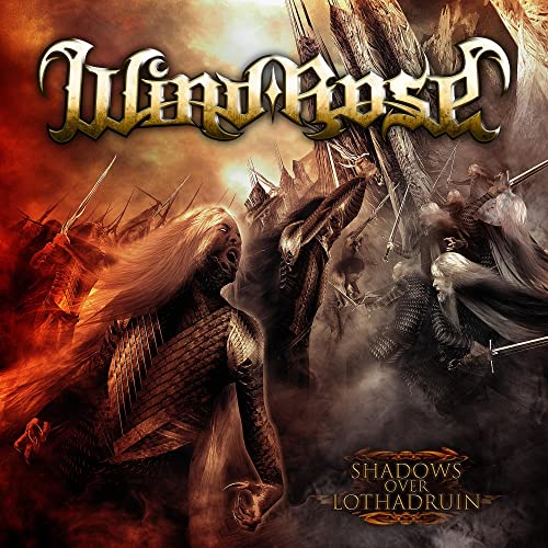 Fantasy album cover featuring warriors, a woman, and a dark fortress.