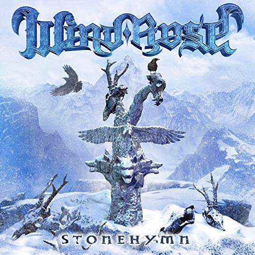 Fantasy album cover with a snow-covered tree, skulls, and birds in mountains.
