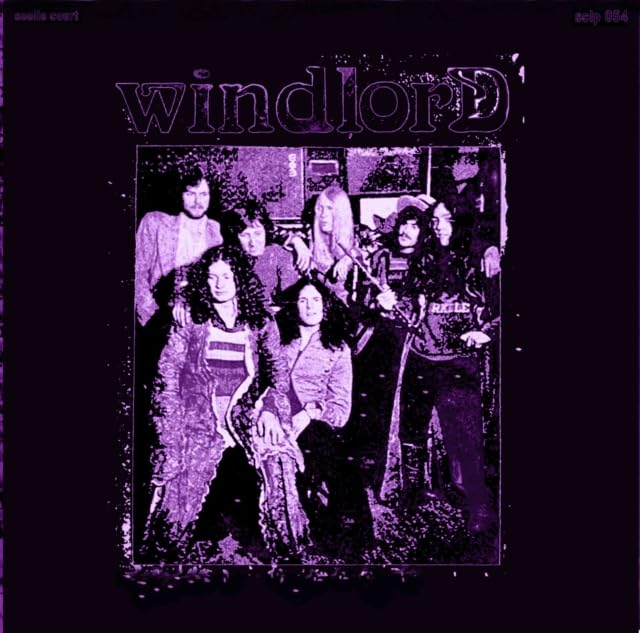 A group of long-haired musicians in a purple-tinted, vintage-style photograph with the title Windlord.