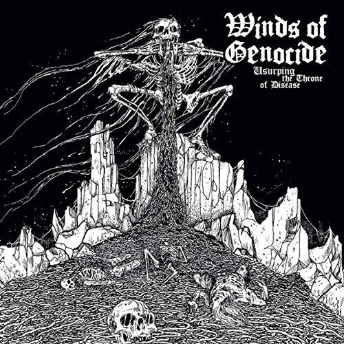 Black and white album cover depicting a skeletal figure on a rocky landscape.