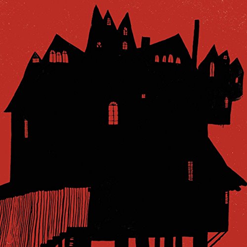 Black silhouette of a spooky, detailed Victorian house on red background.