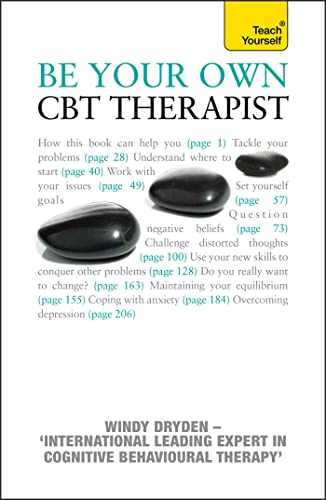 Book cover: "Be Your Own CBT Therapist" with stones and teal background.