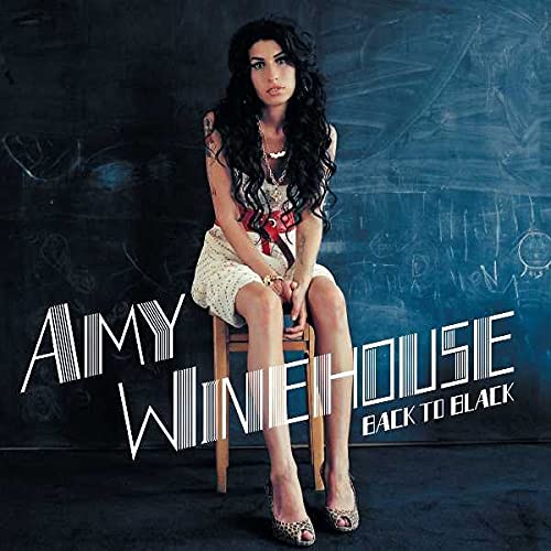 Amy Winehouse album cover, “Back to Black,” featuring a seated portrait.