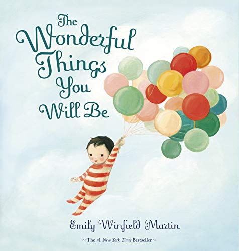 Child holding colorful balloons, illustrated book cover, light blue background.