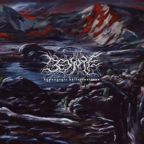 Painted landscape with dark, jagged mountains and ornate band logo.