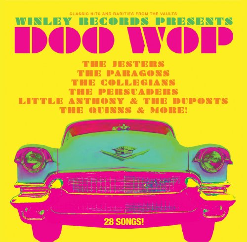 "CD cover with a pink and green car on a yellow background."