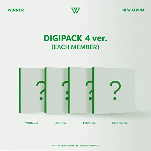 Winner’s “Holiday” album digipack with four green-accented, question-marked covers.