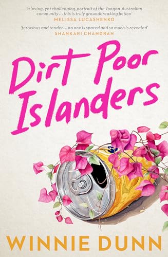 Book cover: "Dirt Poor Islanders" with a crushed can and pink flowers.