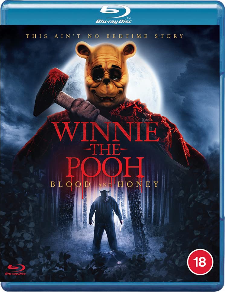 Horror film cover featuring a menacing, bloodied Winnie the Pooh and a figure.