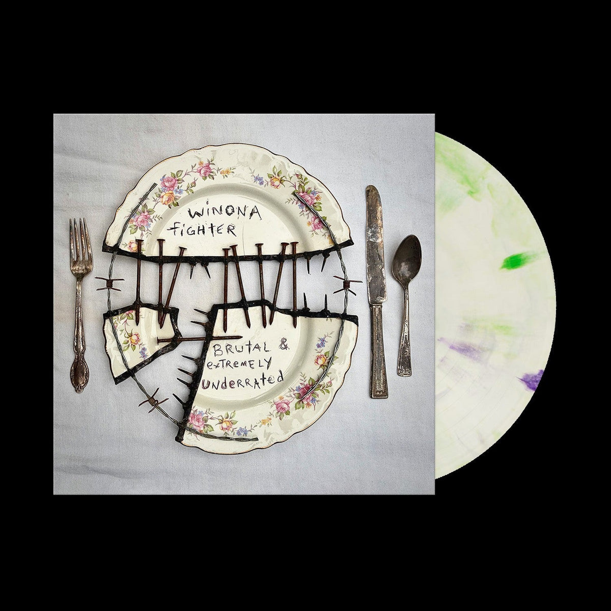 Vinyl record cover: floral plate with barbed wire and silverware.